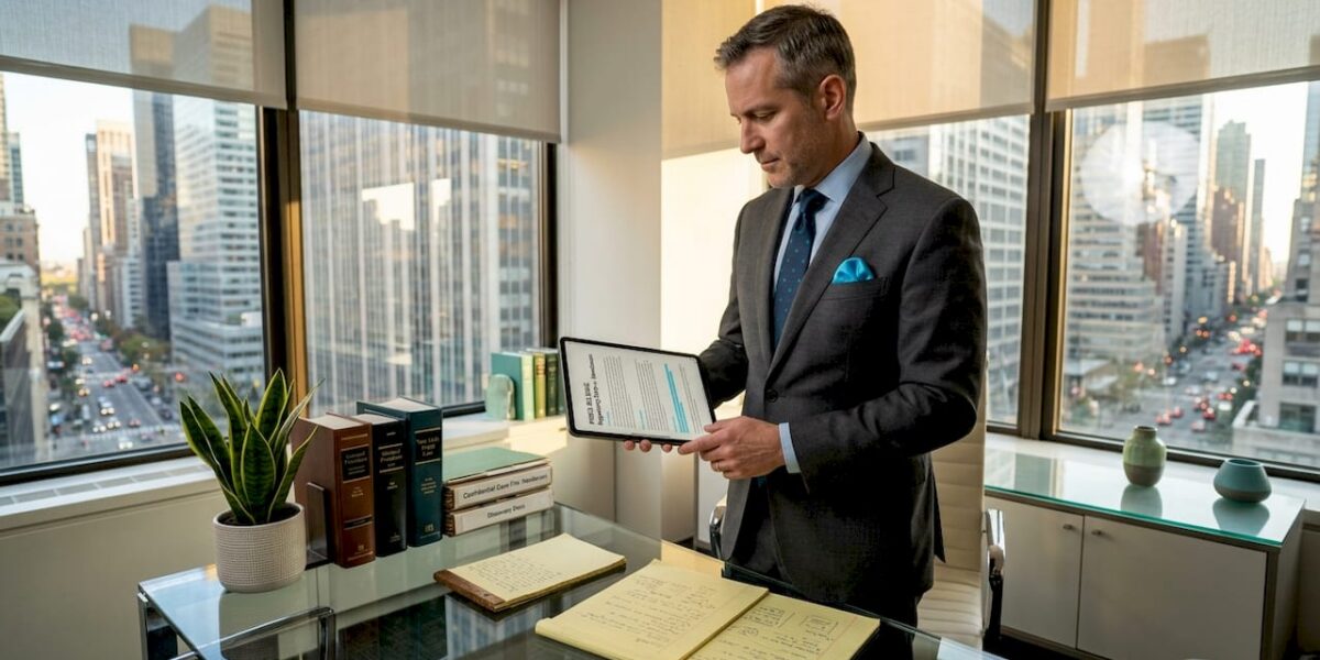 Attorney reviewing press release at corner office desk