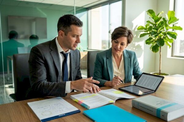 Legal and PR professionals collaborating in office