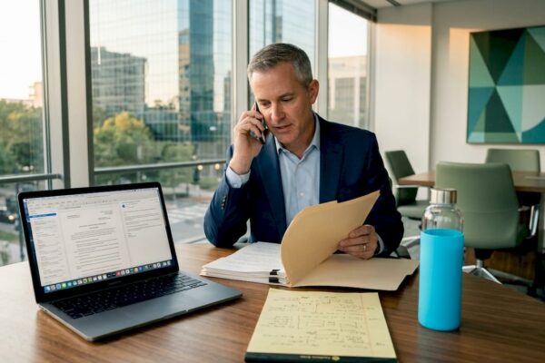 Attorney works in conference room overlooking city