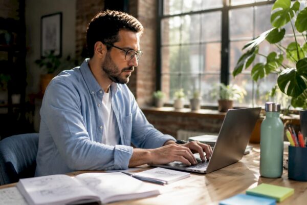 Public relations professional working at city office desk