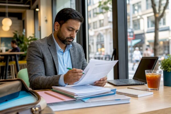 Lawyer reviewing legal documents in office