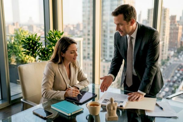 Legal PR consultant advising attorney in office