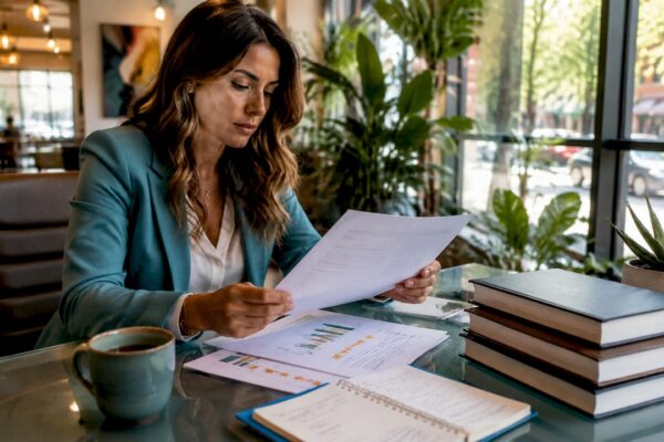 Marketing expert reviewing printed law firm reviews