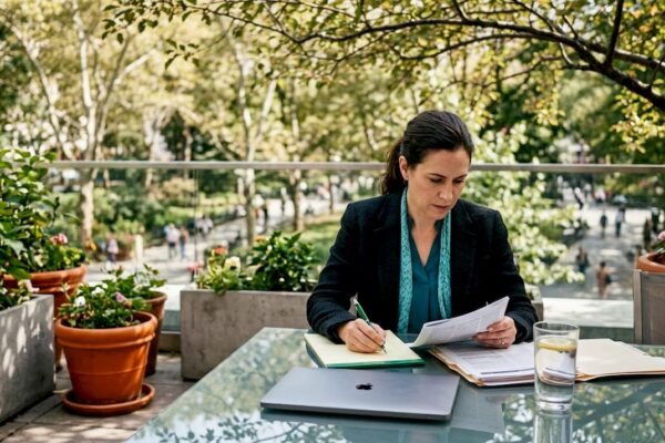 Lawyer reviewing earned media article at desk