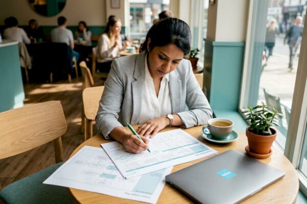 PR professional reviewing media campaign plan