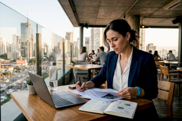 Legal PR professional reviewing media strategy documents