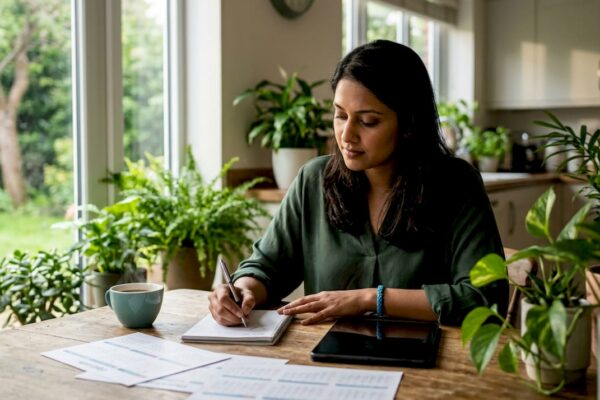 Woman planning proactive media strategy at table