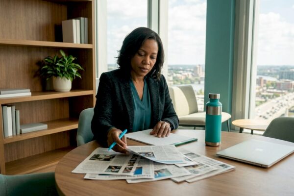 Attorney organizing proactive PR materials at desk