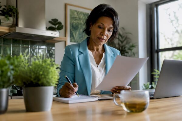 Lawyer reviewing press release in office