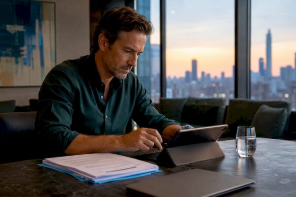 Attorney preparing public relations materials in office