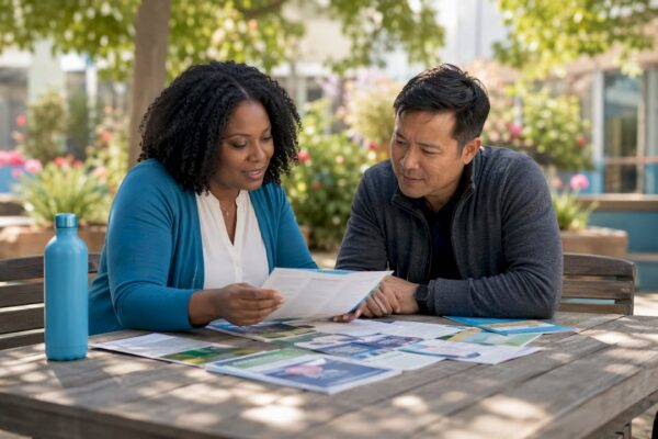 Teacher and counselor reviewing mental health materials