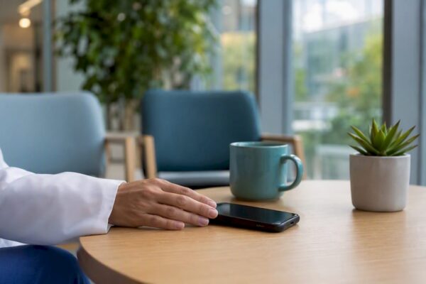 Smartphone on desk with healthcare elements