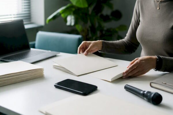 Hands arranging press kit folders on desk