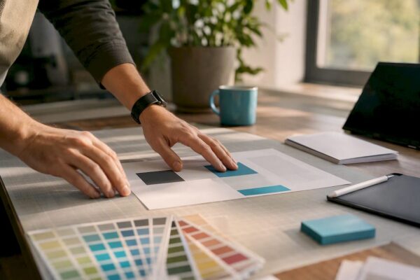 Hands arranging expert one sheet layout on desk