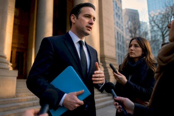 Defense attorney addressing reporters outside courthouse