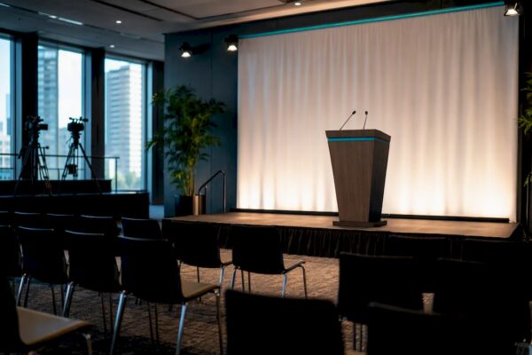 Law firm press conference backdrop and podium